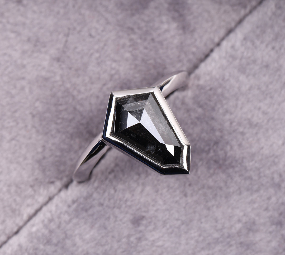 Shield Cut Bezel Set Black Diamond Engagement Ring