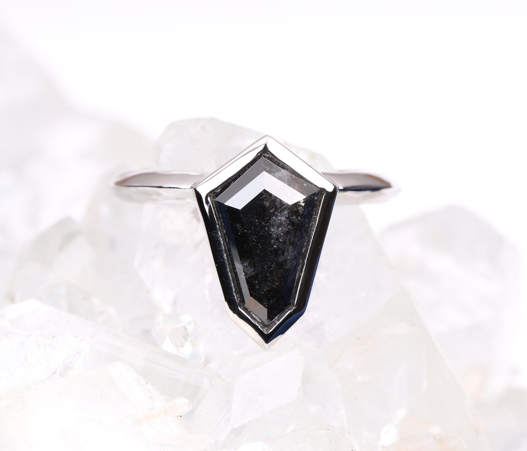 Shield Cut Bezel Set Black Diamond Engagement Ring