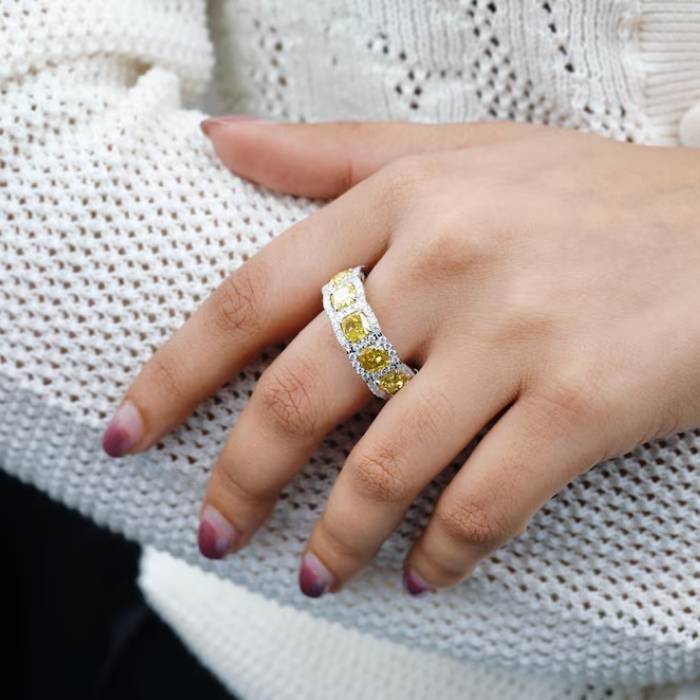 Canary Yellow Cushion cut Diamond Band