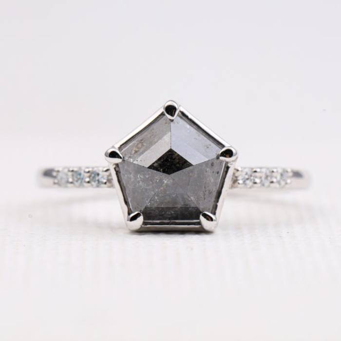 Pentagon Shape Salt & Pepper Ring Black Diamond Engagement Ring
