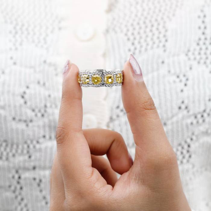 Canary Yellow Cushion cut Diamond Band