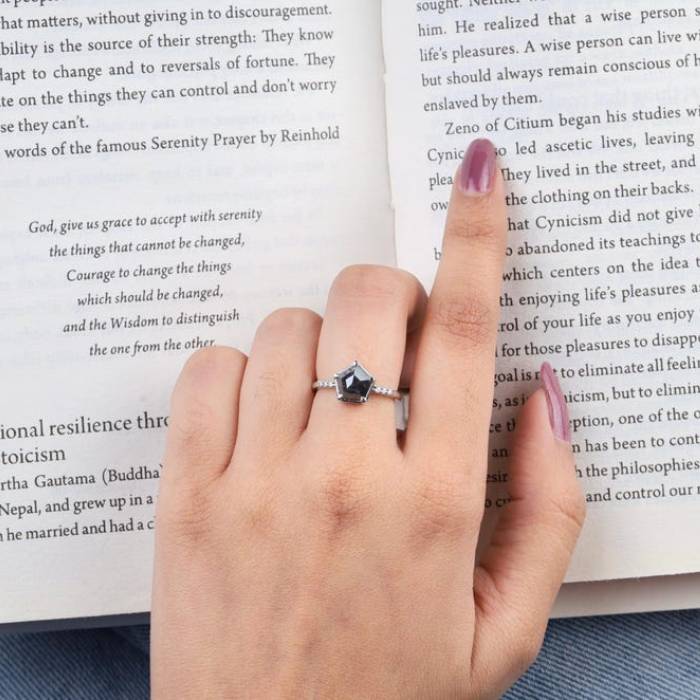 Pentagon Shape Salt & Pepper Ring Black Diamond Engagement Ring