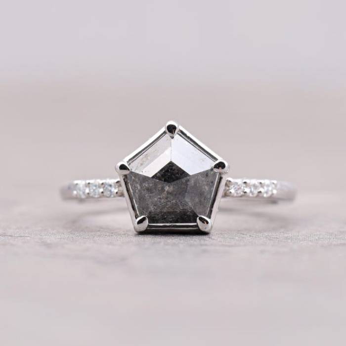 Pentagon Shape Salt & Pepper Ring Black Diamond Engagement Ring