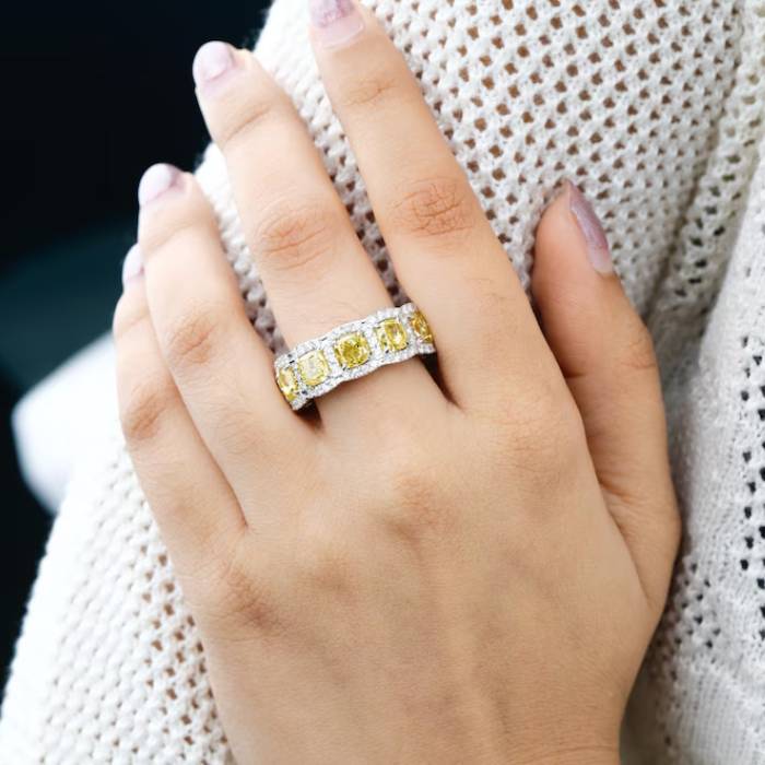 Canary Yellow Cushion cut Diamond Band