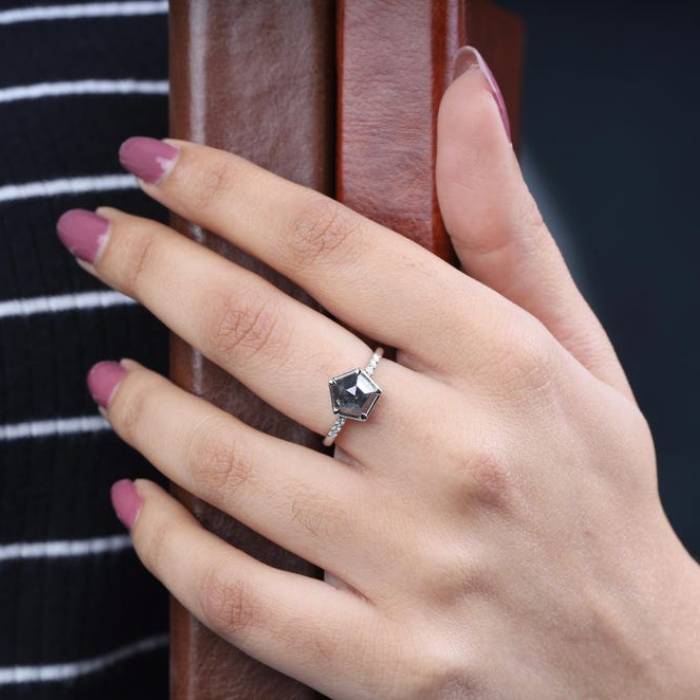 Pentagon Shape Salt & Pepper Ring Black Diamond Engagement Ring