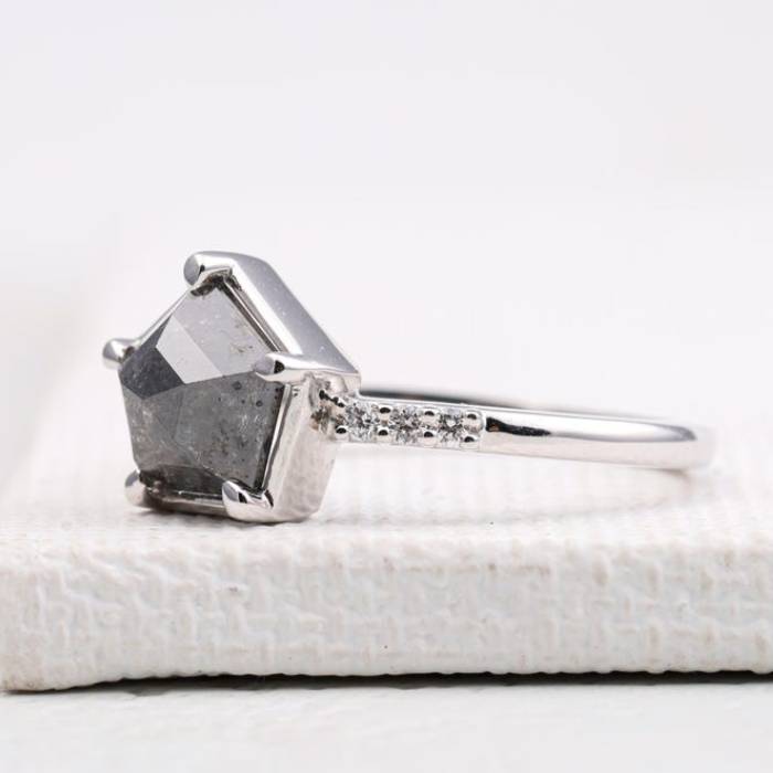 Pentagon Shape Salt & Pepper Ring Black Diamond Engagement Ring