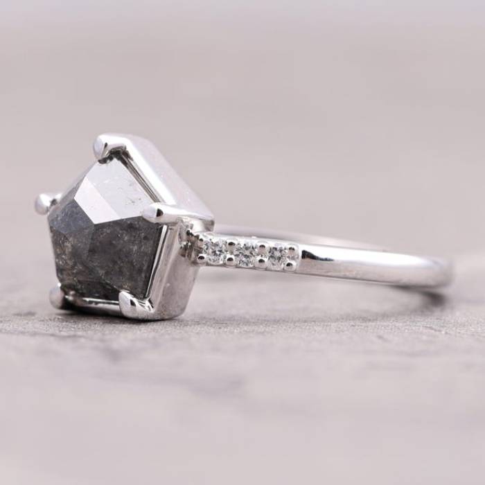 Pentagon Shape Salt & Pepper Ring Black Diamond Engagement Ring