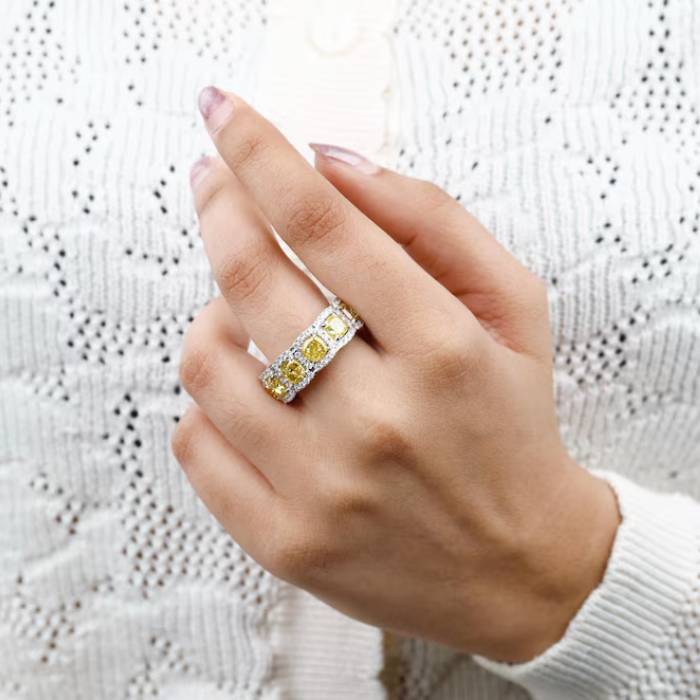 Canary Yellow Cushion cut Diamond Band