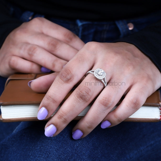 Double Halo Cushion Cut Moissanite Anniversary Ring