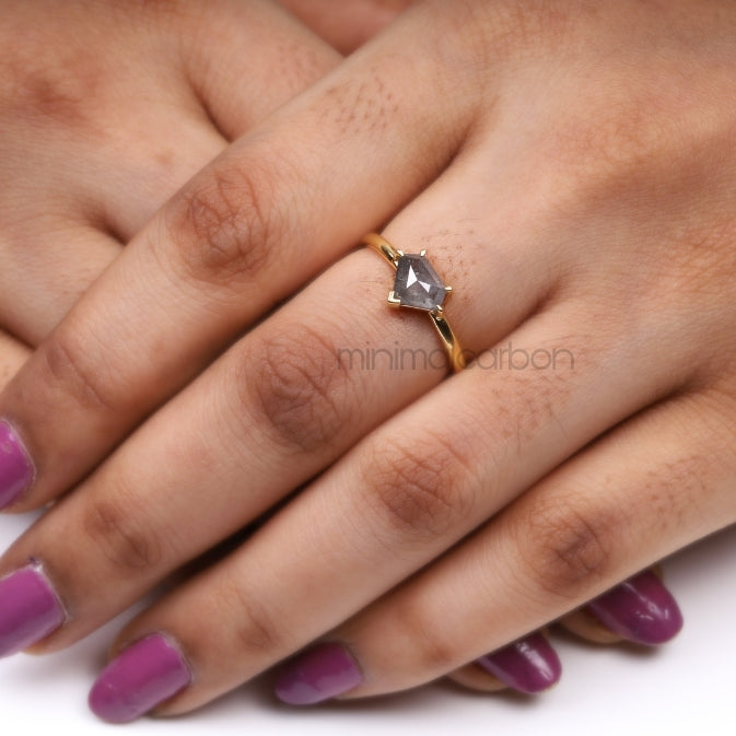 Greyish Pentagon Salt And Pepper Diamond Ring - Minimal Carbon