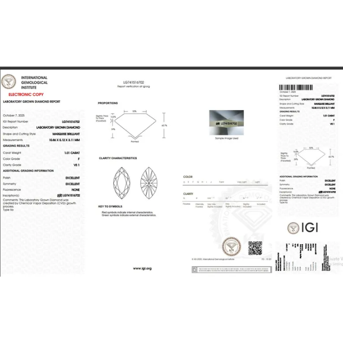 IGI certificate for marquise cut diamond