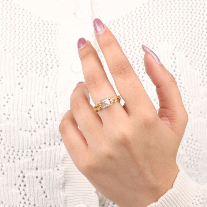 Princess Cut Natural Diamond Leaf Style Engagement Ring