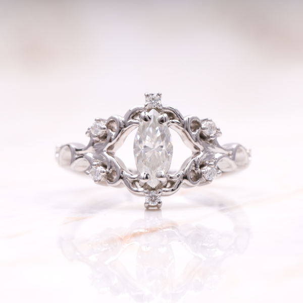 Marquise Vintage Floral Diamond Ring in Sterling Silver