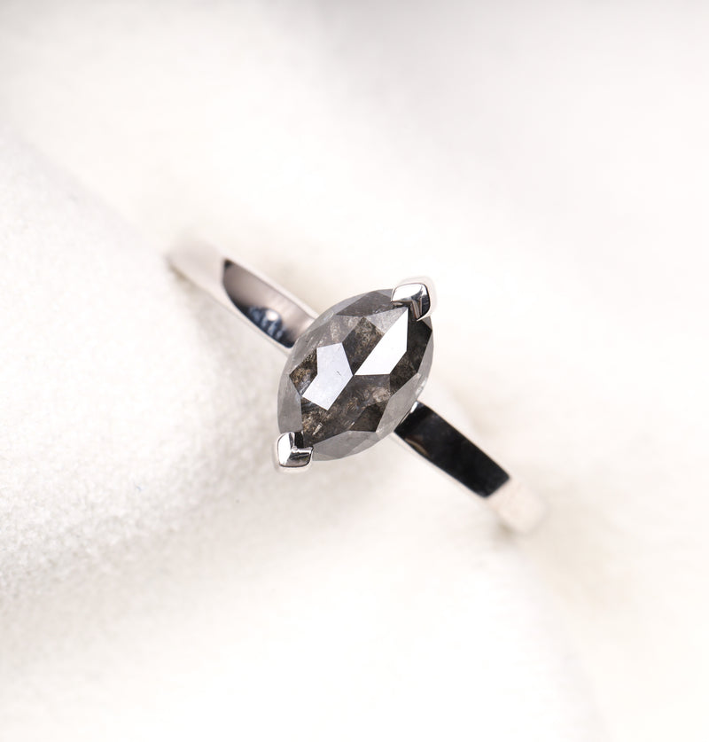 Marquise Cut Salt and Pepper Diamond Solitaire Ring