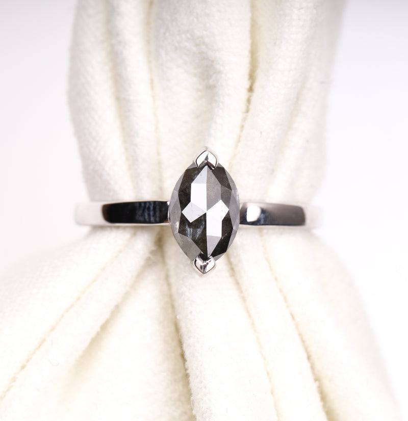 Marquise Cut Salt and Pepper Diamond Solitaire Ring