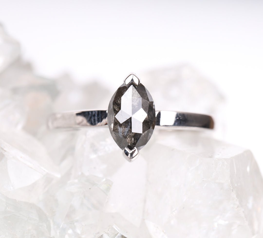 Marquise Cut Salt and Pepper Natural Diamond Solitaire Ring