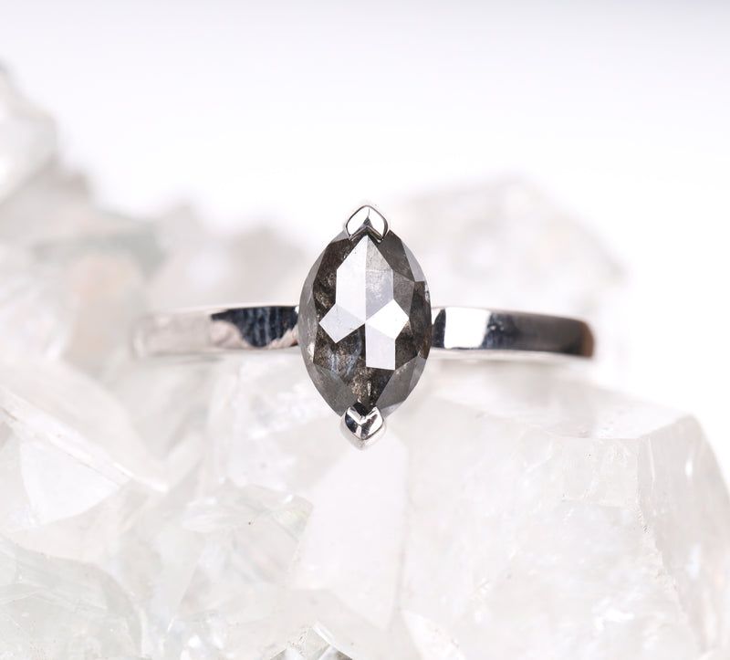 Marquise Cut Salt and Pepper Diamond Solitaire Ring
