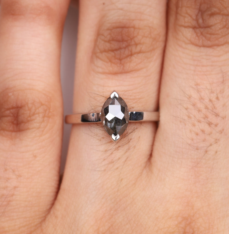 Marquise Cut Salt and Pepper Diamond Solitaire Ring