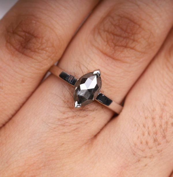 Marquise Cut Salt and Pepper Diamond Solitaire Ring