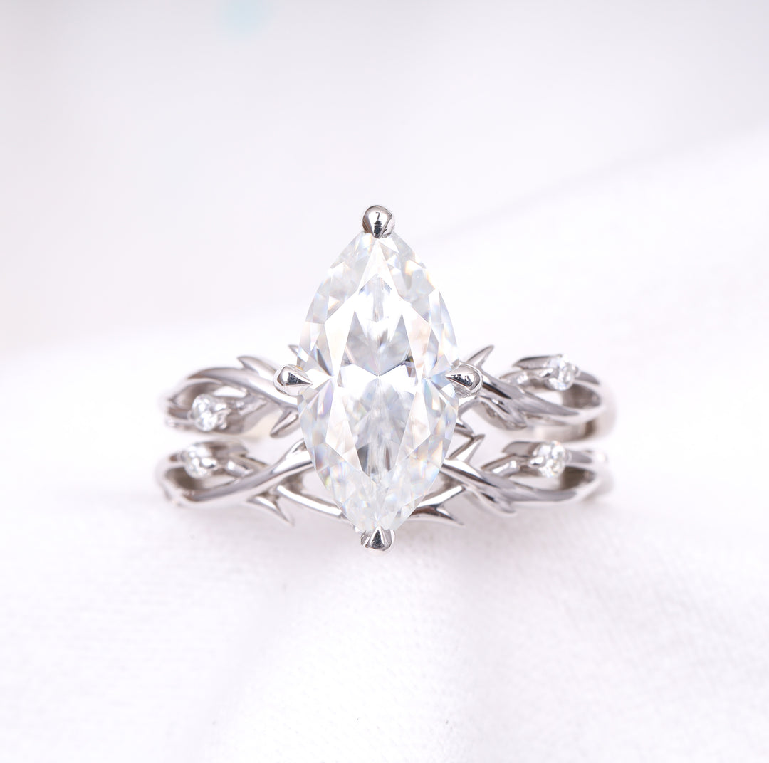 Marquise Cut Moissanite Leaf Stylish Bridal Ring Set