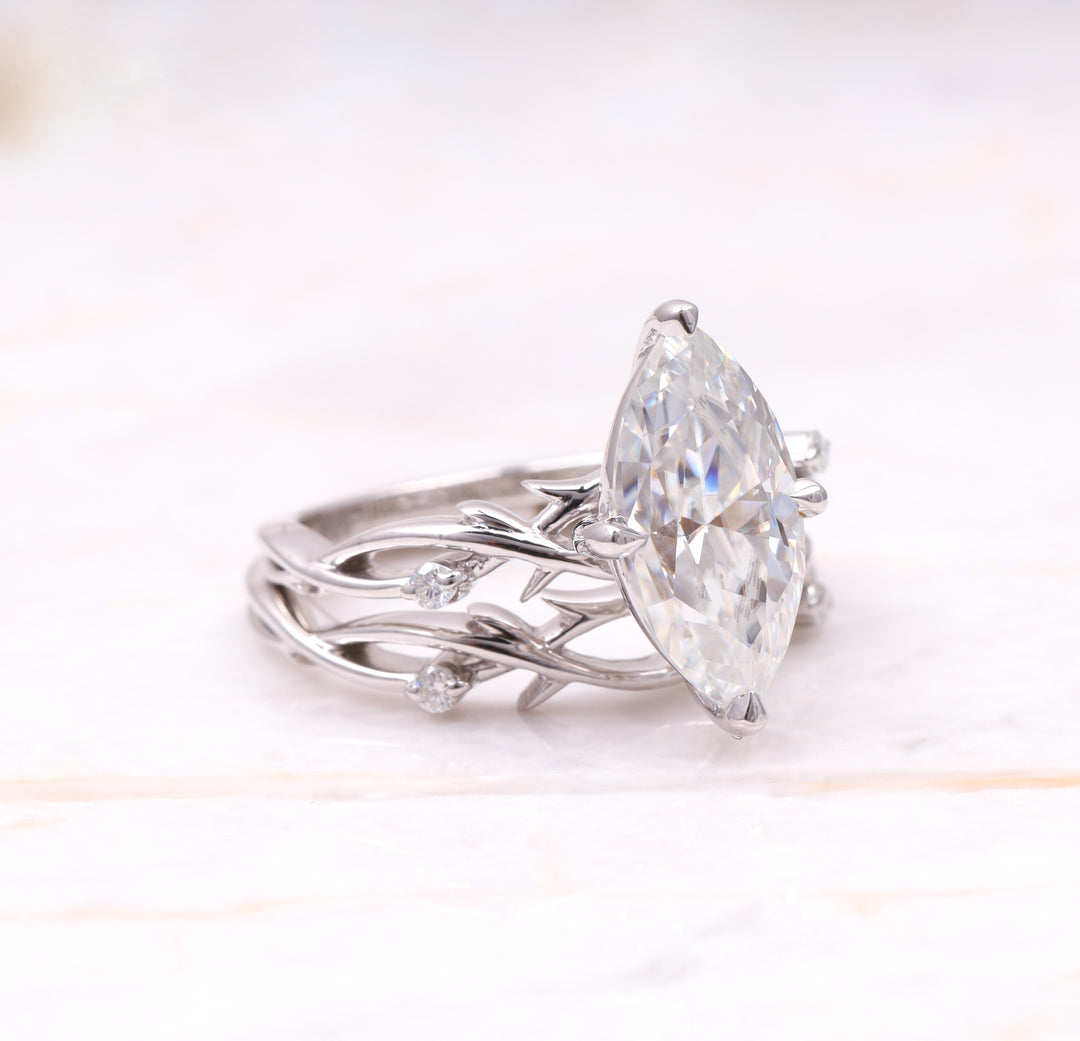 Marquise Cut Moissanite Leaf Stylish Bridal Ring Set