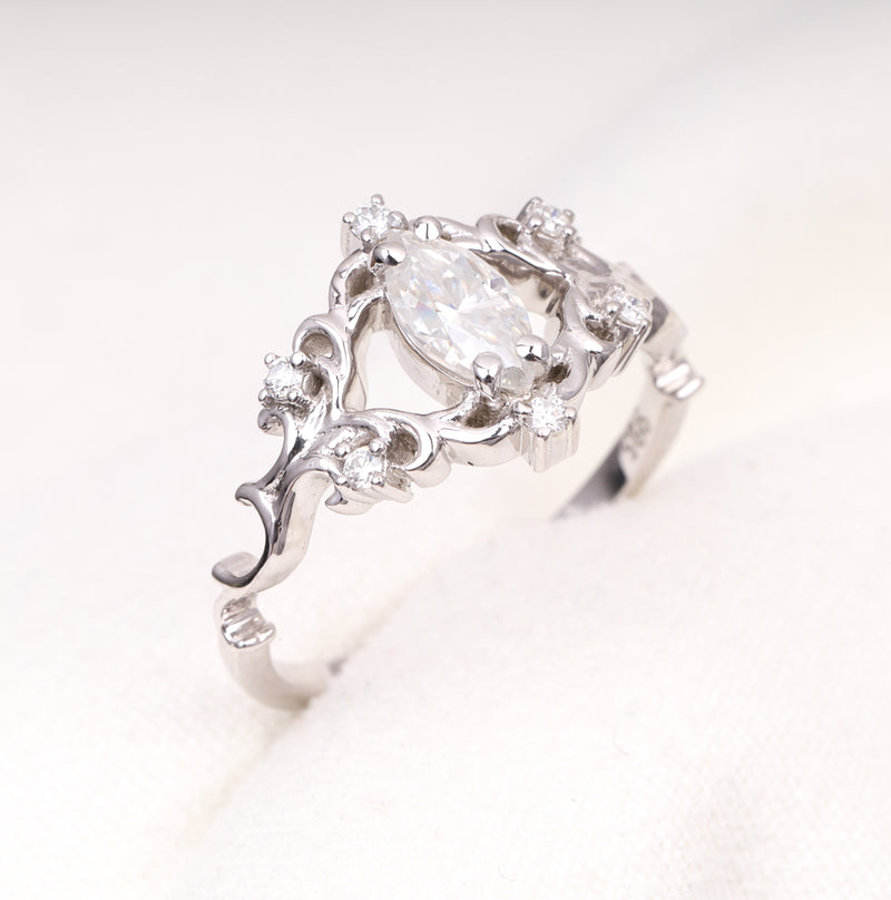 Marquise Vintage Floral Diamond Ring in Sterling Silver