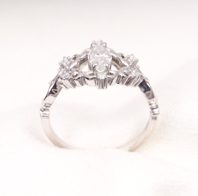 Marquise Vintage Floral Diamond Ring in Sterling Silver