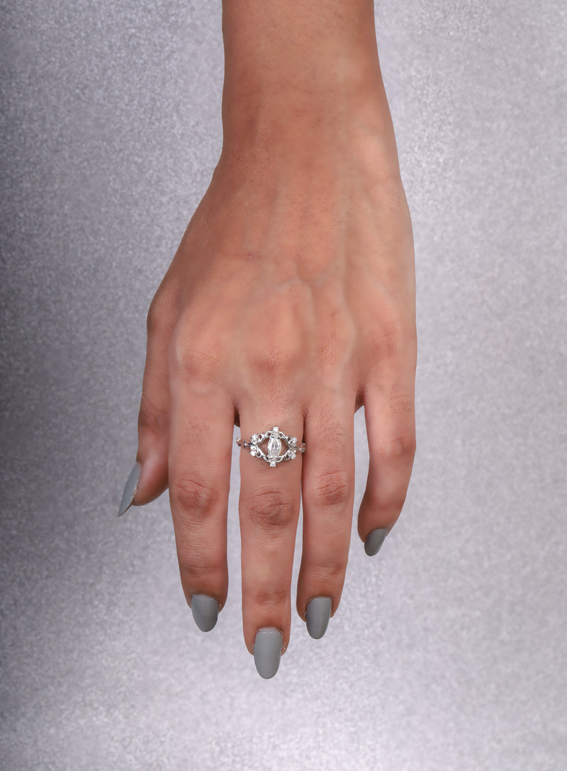 Marquise Vintage Floral Diamond Ring in Sterling Silver