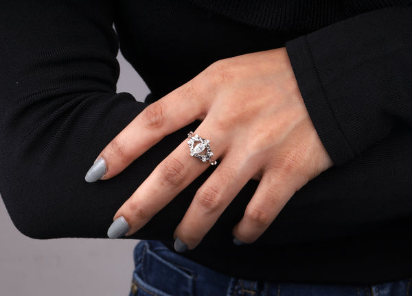 Marquise Vintage Floral Diamond Ring in Sterling Silver
