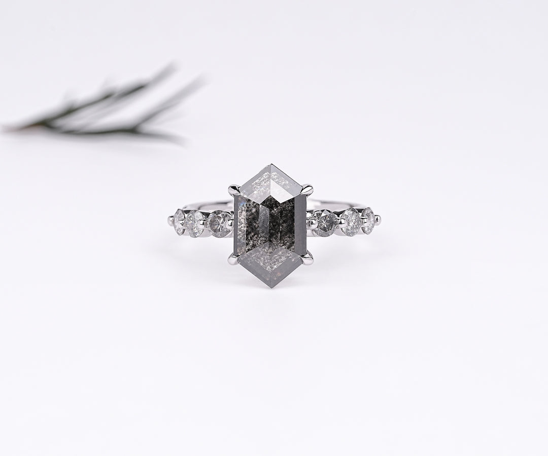Hexagon Cut Salt and Pepper Diamond Engagement Ring with Diamond Accents