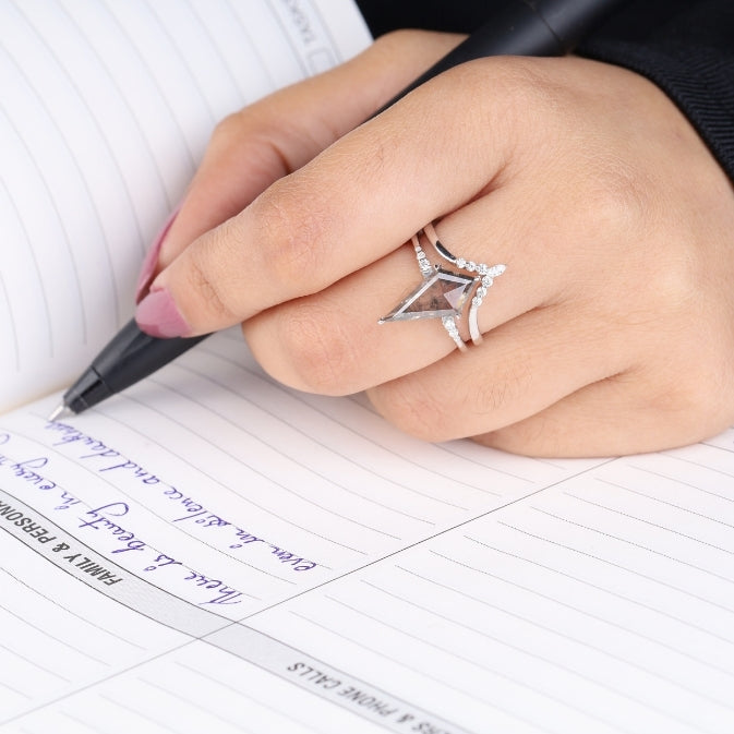 Kite Salt and Pepper Diamond Ring with Crown Band – Bridal Set