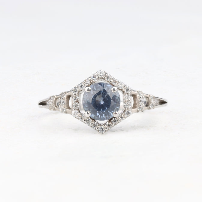 Blue Sapphire Vintage Style Halo Anniversary Ring