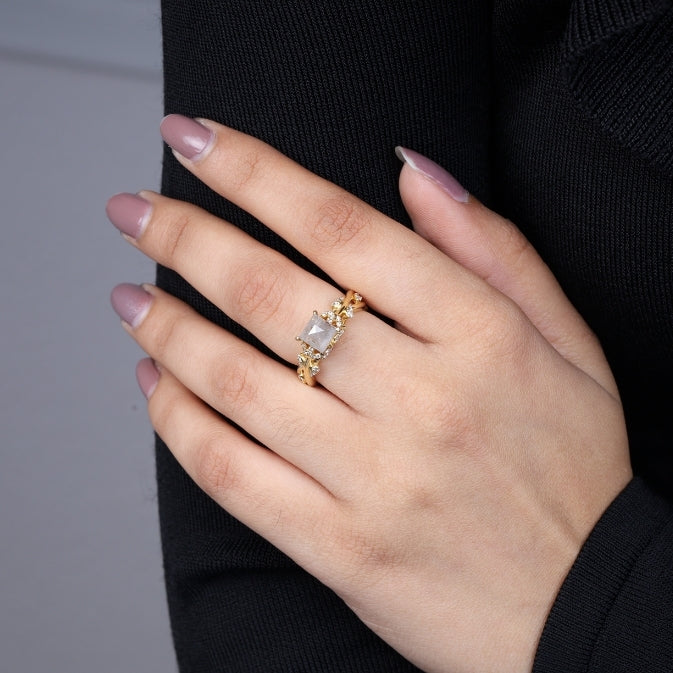 Princess Cut Natural Diamond Leaf Style Engagement Ring