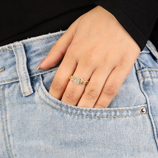 Princess Cut Natural Diamond Leaf Style Engagement Ring