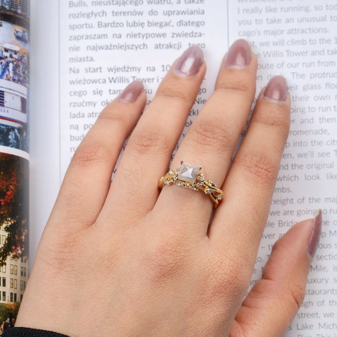 Princess Cut Natural Diamond Leaf Style Engagement Ring