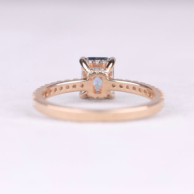 Radiant-Cut Light Blue Gemstone Ring with Diamond Pavé Band in Rose Gold