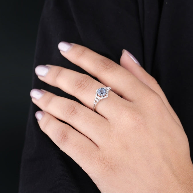 Blue Sapphire Vintage Style Halo Anniversary Ring
