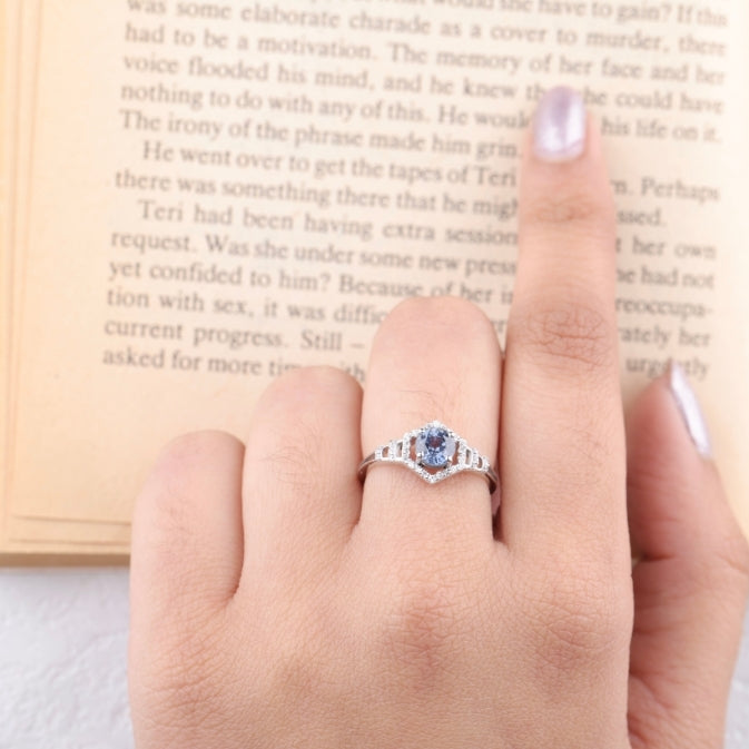 Blue Sapphire Vintage Style Halo Anniversary Ring