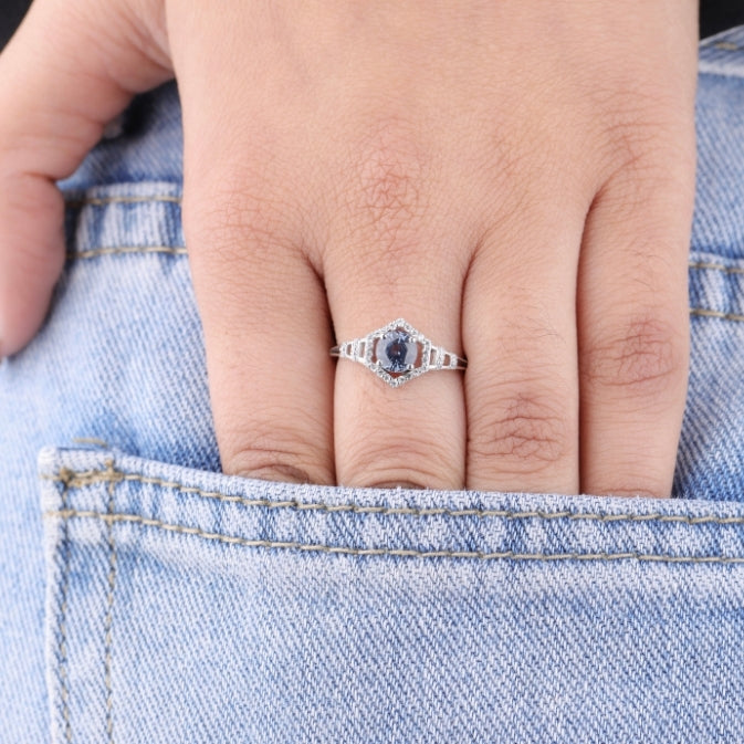 Blue Sapphire Vintage Style Halo Anniversary Ring