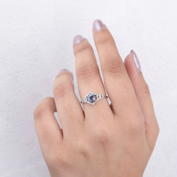 Blue Sapphire Vintage Style Halo Anniversary Ring