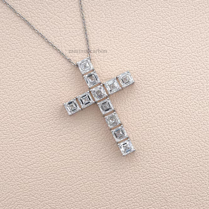 Asscher Cut Lab Grown Diamond Cross Pendant
