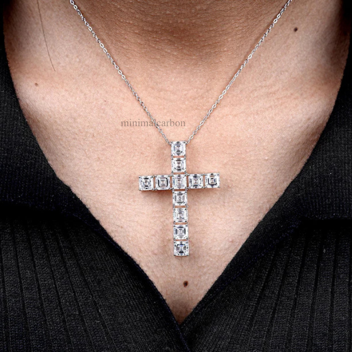 Asscher Cut Lab Grown Diamond Cross Pendant