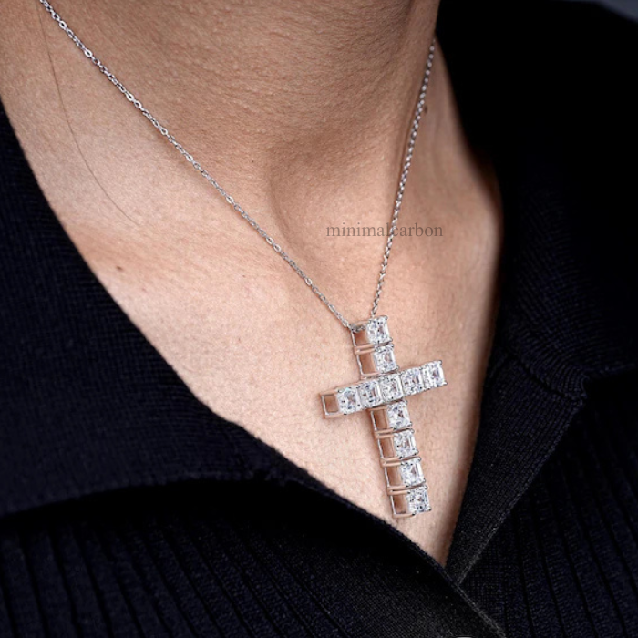 Asscher Cut Lab Grown Diamond Cross Pendant