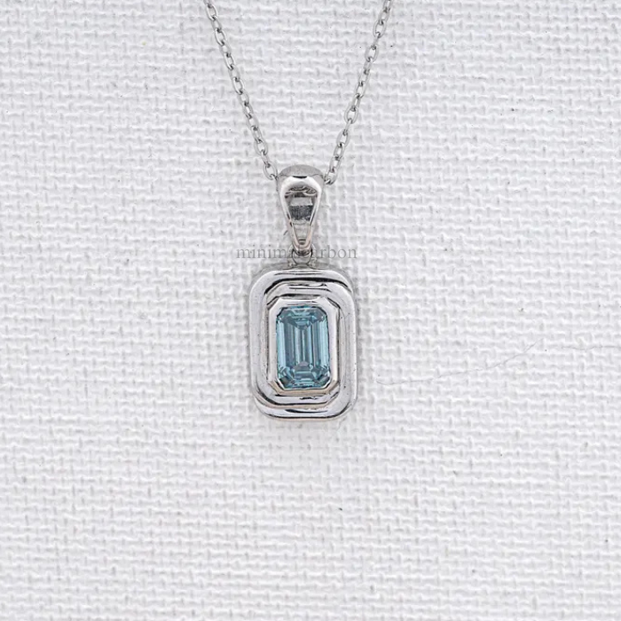 Blue Emerald Cut Lab Grown Diamond Bezel Set Pendant