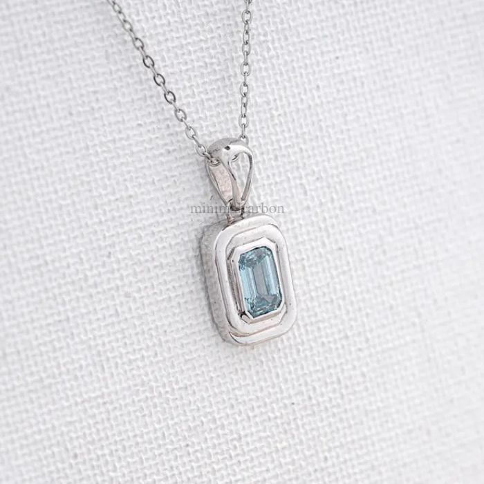 Blue Emerald Cut Lab Grown Diamond Bezel Set Pendant