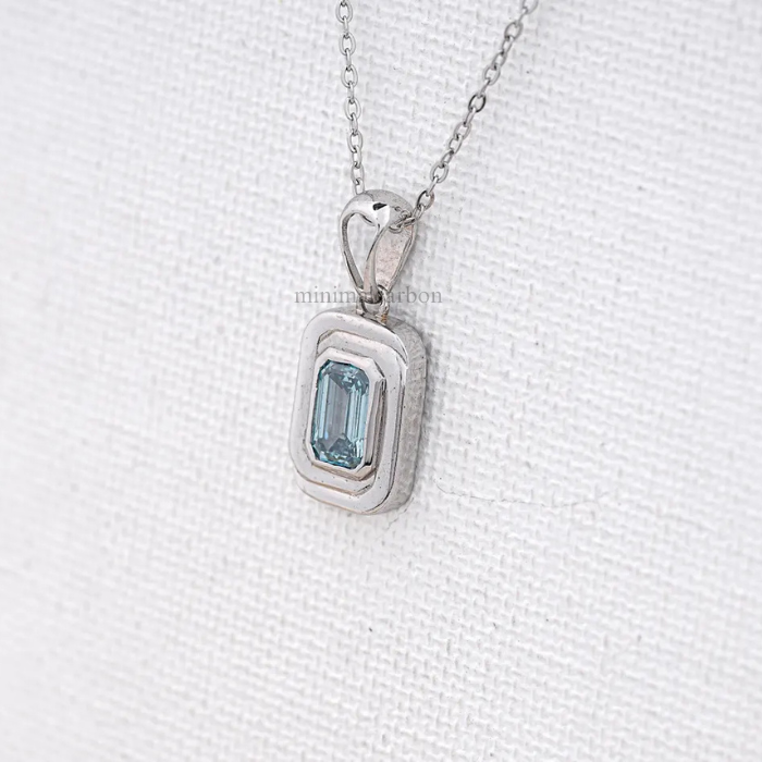 Blue Emerald Cut Lab Grown Diamond Bezel Set Pendant