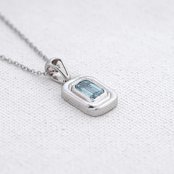 Blue Emerald Cut Lab Grown Diamond Bezel Set Pendant