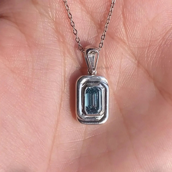 Blue Emerald Cut Lab Grown Diamond Bezel Set Pendant