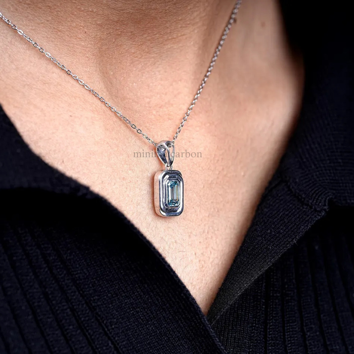 Blue Emerald Cut Lab Grown Diamond Bezel Set Pendant