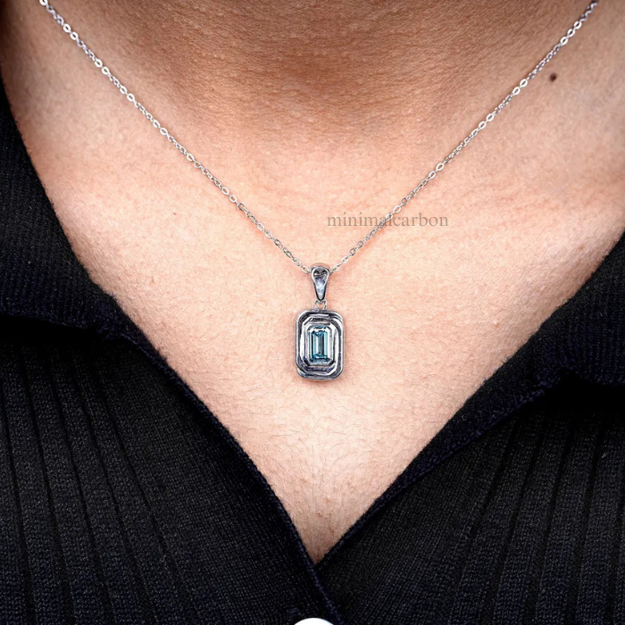 Blue Emerald Cut Lab Grown Diamond Bezel Set Pendant